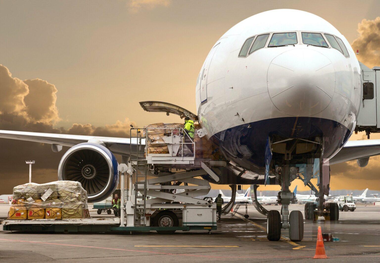 Loading cargo on the plane in airport, view through window